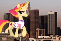 Size: 4200x2800 | Tagged: safe, artist:cheezedoodle96, derpibooru import, fire flare, pony, unicorn, california, female, giant pony, giantess, highrise ponies, image, irl, los angeles, macro, mare, photo, png, ponies in real life, story included