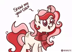 Size: 1053x759 | Tagged: suggestive, artist:redpalette, derpibooru import, oc, oc:red palette, unicorn, clothes, cute, freckles, horn, horny, image, jpeg, meme, scarf, unicorn oc