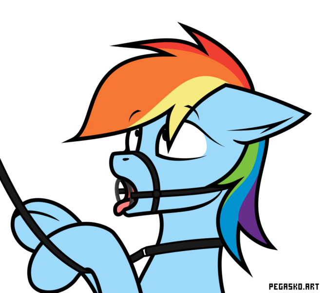 Size: 1108x1000 | Tagged: questionable, artist:pegasko, derpibooru import, rainbow dash, pony, bondage, bridle, collar, confused, gag, image, leash, looking up, png, ring gag, simple background, tack, tongue out, transparent background, vector