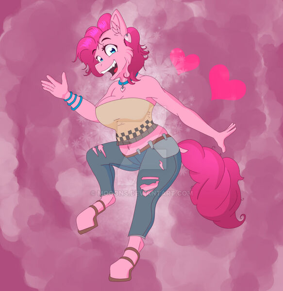 Size: 1024x1053 | Tagged: safe, artist:mooons, derpibooru import, pinkie pie, anthro, earth pony, unguligrade anthro, belly button, clothes, female, heart, image, jpeg, midriff, open mouth, plump, solo