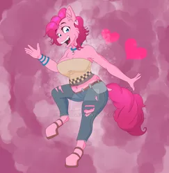 Size: 1024x1053 | Tagged: safe, artist:mooons, derpibooru import, pinkie pie, anthro, earth pony, unguligrade anthro, belly button, clothes, female, heart, image, jpeg, midriff, open mouth, plump, solo