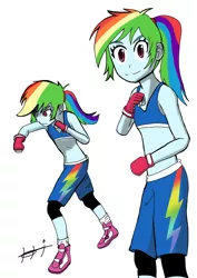 Size: 1200x1697 | Tagged: safe, artist:helsaabi, derpibooru import, rainbow dash, equestria girls, clothes, female, fingerless gloves, gloves, image, jpeg, martial arts, midriff, mixed martial arts, mma, mma gloves, shorts, simple background, solo, white background