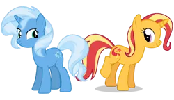 Size: 1280x736 | Tagged: safe, artist:axxie13, derpibooru import, sunset shimmer, trixie, female, hairstyle swap, image, lesbian, png, shipping, suntrix, vector