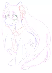 Size: 1463x2048 | Tagged: safe, artist:monako, oc, pony, anime, female, hatsune miku, image, jpeg, lineart, mare, necktie, simple background, sketch, solo, white background, wip