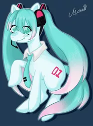 Size: 1520x2048 | Tagged: safe, artist:monako, oc, pony, anime, female, hatsune miku, headset, image, jpeg, mare, necktie, signature, solo