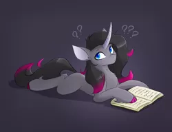 Size: 1075x826 | Tagged: safe, artist:d.w.h.cn, derpibooru import, oleander (tfh), unicorn, them's fightin' herds, book, community related, gray background, image, looking at you, lying down, png, prone, question mark, simple background, solo