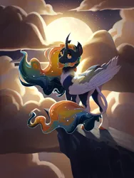 Size: 1800x2400 | Tagged: safe, artist:joan-grace, derpibooru import, oc, oc:astral, alicorn, pony, beard, cliff, colored wings, facial hair, image, male, moon, png, solo, stallion, wings