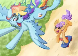 Size: 1280x915 | Tagged: safe, artist:kirbyliscious, derpibooru import, rainbow dash, scootaloo, pegasus, pony, atg 2021, female, flying, happy, image, jpeg, newbie artist training grounds, open mouth, scooter