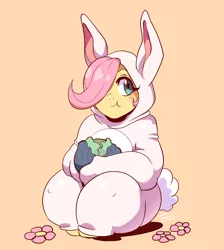 Size: 939x1049 | Tagged: safe, artist:traupa, derpibooru import, fluttershy, anthro, animal costume, bunny costume, clothes, costume, cute, food, hair over one eye, image, jpeg, lettuce, shyabetes, simple background