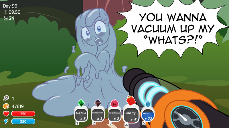 Size: 3840x2160 | Tagged: safe, artist:badumsquish, derpibooru import, oc, oc:tremble, goo, goo pony, human, monster pony, original species, pony, beatrix lebeau, bush, clothes, derpibooru exclusive, dialogue, duo, embarrassed, female, food, forest, fps, fruit, gloves, heads up display, hud, image, offscreen character, png, pov, raised hoof, raised hooves, slime, slime rancher, talking to viewer, tree, video game, yelling