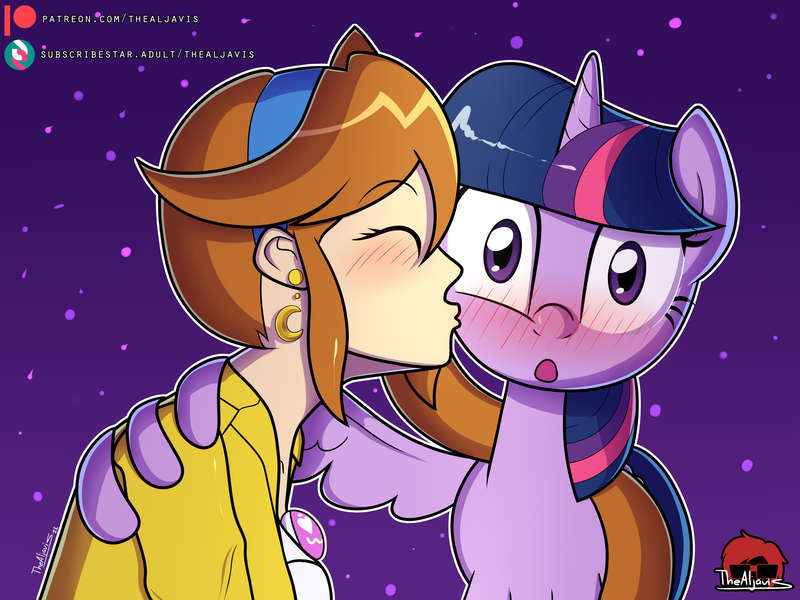 Size: 4000x3000 | Tagged: safe, artist:thealjavis, derpibooru import, twilight sparkle, twilight sparkle (alicorn), alicorn, human, pony, ace attorney, athena cykes, blushing, elements of justice, hug, image, kissing, png, wholesome, winghug, wings