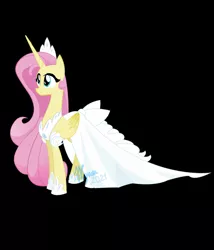 Size: 746x873 | Tagged: safe, artist:natalysweeneyart, derpibooru import, fluttershy, alicorn, pony, alicornified, black background, clothes, dress, female, fluttercorn, folded wings, hoof shoes, image, jewelry, looking away, looking up, mare, png, princess fluttershy, race swap, simple background, smiling, solo, standing, three quarter view, tiara, white dress, wings