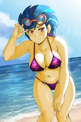 Size: 800x1200 | Tagged: suggestive, artist:tzc, color edit, derpibooru import, edit, editor:drakeyc, indigo zap, human, equestria girls, absolute cleavage, beach, belly button, big breasts, bikini, bikini bottom, bikini top, blushing, breasts, busty indigo zap, cleavage, clothes, colored, curvy, ear piercing, earring, female, goggles, image, jewelry, looking at you, ocean, outdoors, piercing, png, sexy, skin color edit, solo, solo female, stupid sexy indigo zap, swimsuit, thigh gap, thighs, thong swimsuit, water, wet, wide hips