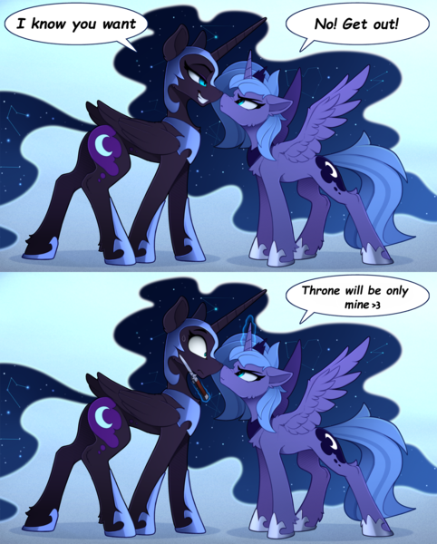 Size: 2500x3110 | Tagged: safe, artist:yakovlev-vad, derpibooru import, edit, editor:band sickle, nightmare moon, princess luna, alicorn, pony, :<, >:3, angry, blue background, boop, broken english, cheek fluff, chest fluff, constellation, crown, cute, duality, duo, ear fluff, engrish, ethereal mane, eye contact, female, floppy ears, frown, glare, gradient background, grin, grumpy, helmet, high res, hoof fluff, image, imminent murder, it was at this moment that she knew she fucked up, jewelry, knife, leg fluff, lidded eyes, looking at each other, lunabetes, magic, mare, nose wrinkle, noseboop, png, pocket knife, pouting, regalia, s1 luna, scrunchy face, self ponidox, simple background, smiling, smirk, smug, spread wings, starry mane, sweat, switchblade, telekinesis, temptation, this will end in pain and/or death, threatening, weapon, wing fluff, wings