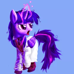 Size: 1024x1024 | Tagged: safe, artist:vultraz, derpibooru import, twilight sparkle, alicorn, pony, 2016, blue background, clothes, glowing horn, horn, image, lab coat, magic, messy mane, messy tail, necktie, open mouth, png, scientist, simple background, solo