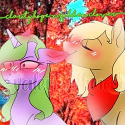 Size: 768x768 | Tagged: safe, artist:valerie0fficial, derpibooru import, oc, oc:clarity hope, oc:golden, unofficial characters only, dracony, earth pony, hybrid, pony, unicorn, base used, biting, blushing, blushing profusely, ear bite, ear blush, female, image, interspecies offspring, jpeg, male, mare, obtrusive watermark, oc x oc, offspring, parent:applejack, parent:caramel, parent:rarity, parent:spike, parents:carajack, parents:sparity, shipping, stallion, watermark
