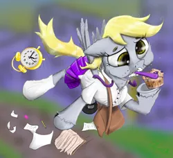 Size: 2200x2008 | Tagged: safe, artist:chopsticks, derpibooru import, derpy hooves, pegasus, pony, alarm clock, atg 2021, bag, book, clock, clothes, crumbs, eraser, floppy ears, flying, food, image, muffin, necktie, newbie artist training grounds, paper, pencil, png, saddle bag, school uniform, schoolgirl, shirt, shoes, skirt, socks, that pony sure does love muffins, toothbrush