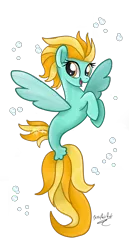 Size: 837x1626 | Tagged: safe, artist:jessyxkisuxkata, derpibooru import, lightning dust, pegasus, pony, seapony (g4), base used, bubble, dorsal fin, female, fin wings, fish tail, flowing tail, image, looking at you, open mouth, png, seaponified, signature, simple background, smiling, solo, species swap, tail, transparent background, wings, yellow eyes