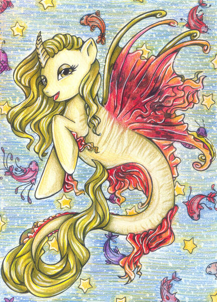 Size: 1615x2248 | Tagged: safe, artist:fake-elf, derpibooru import, oc, unofficial characters only, alicorn, fish, hybrid, merpony, pony, seapony (g4), colored pupils, commission, dorsal fin, eyelashes, female, fin wings, fins, fish tail, flowing tail, horn, image, jpeg, open mouth, seaponified, slit eyes, smiling, solo, species swap, stars, tail, underwater, water, wings, yellow eyes, yellow mane