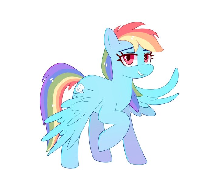 Size: 1324x1184 | Tagged: safe, artist:aaa-its-spook, derpibooru import, rainbow dash, pegasus, pony, female, image, jpeg, lidded eyes, mare, simple background, smiling, solo, spread wings, white background, wings