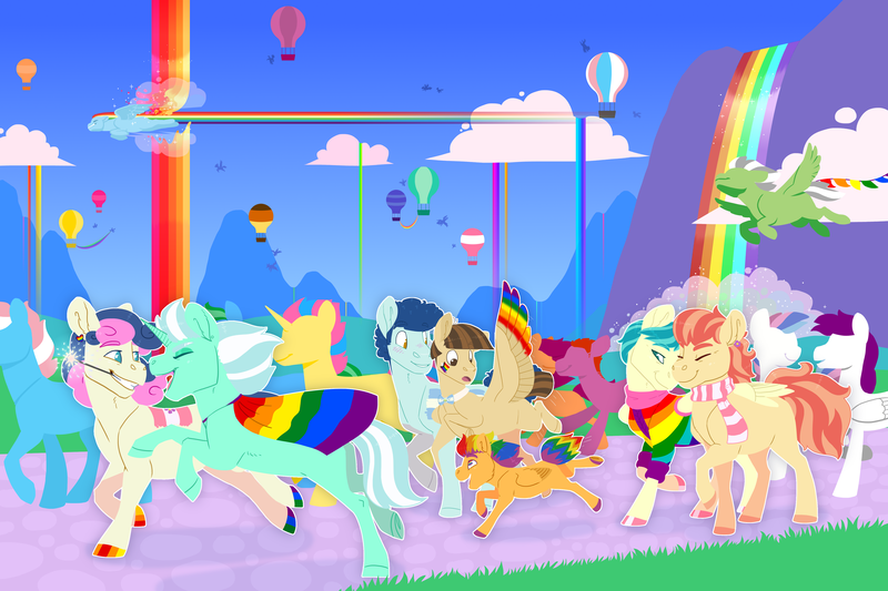 Size: 4500x3000 | Tagged: safe, artist:jackiebloom, derpibooru import, aunt holiday, auntie lofty, bon bon, curly winds, lyra heartstrings, some blue guy, sweetie drops, wiz kid, ponified, earth pony, pegasus, pony, unicorn, balloon, equestria girls ponified, female, gay, high res, hot air balloon, image, lesbian, lofty day, lyrabon, male, mare, png, pride flag, rainbow, shipping, stallion, wizwinds