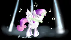 Size: 1280x720 | Tagged: safe, artist:pixels-and-ponies, derpibooru import, sweetie belle, alicorn, pony, alicornified, flute, image, magic, music notes, musical instrument, png, race swap, solo, spotlight, sweetiecorn