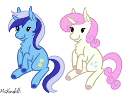 Size: 1168x867 | Tagged: safe, artist:misskanabelle, derpibooru import, minuette, twinkleshine, pony, unicorn, chest fluff, colored hooves, commission, duo, ear fluff, female, horn, image, mare, png, signature, simple background, smiling, transparent background, ych result