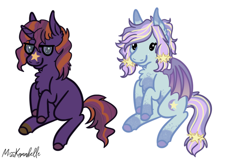 Size: 1287x867 | Tagged: safe, artist:misskanabelle, derpibooru import, oc, unofficial characters only, bat pony, pony, unicorn, bat pony oc, bat wings, chest fluff, commission, duo, ear fluff, female, glasses, horn, image, mare, png, signature, simple background, smiling, transparent background, unicorn oc, wings, ych result