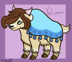 Size: 1750x1500 | Tagged: safe, artist:misskanabelle, derpibooru import, oc, oc:yulianna, unofficial characters only, hybrid, yak, abstract background, adopted offspring, clothes, cloven hooves, female, hair over one eye, image, interspecies offspring, magical lesbian spawn, offspring, parent:pinkie pie, parent:princess skystar, parents:skypie, png, signature, smiling