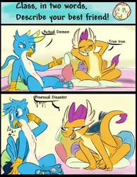 Size: 1403x1809 | Tagged: safe, artist:skunkstripe, derpibooru import, fluttershy, gallus, smolder, dragon, gryphon, arm behind head, bisexual, comic, dialogue, dumb yung-six comics, image, leaning, looking up, paws, pillow, png, sweat