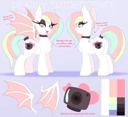 Size: 4425x4044 | Tagged: safe, artist:pearlyiridescence, derpibooru import, oc, oc:pearly iridescence, unofficial characters only, bat pony, pony, albino, bat pony oc, bat wings, black eyeshadow, choker, ear fluff, fangs, female, image, mare, png, reference sheet, smiling, solo, tail wrap, wings