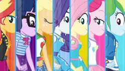 Size: 3410x1920 | Tagged: safe, derpibooru import, screencap, applejack, fluttershy, pinkie pie, rainbow dash, rarity, sci-twi, sunset shimmer, twilight sparkle, equestria girls, equestria girls series, rollercoaster of friendship, belt, bowtie, bracelet, breast chart, breasts, clothes, cutie mark, cutie mark on clothes, denim skirt, eyes closed, female, geode of empathy, geode of fauna, geode of shielding, geode of sugar bombs, geode of super speed, geode of super strength, geode of telekinesis, glasses, hoodie, humane five, humane seven, humane six, image, jacket, jewelry, jpeg, leather, leather jacket, lidded eyes, magical geodes, necklace, rarity peplum dress, skirt, smiling, transformation, transformation sequence