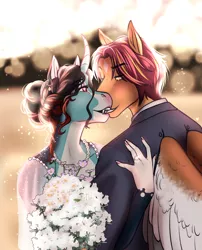 Size: 1402x1736 | Tagged: safe, artist:blackblood-queen, derpibooru import, oc, oc:annie belle, oc:sunstreak, anthro, dracony, dragon, hybrid, pegasus, pony, unguligrade anthro, unicorn, alternate universe, anthro oc, bouquet of flowers, clothes, digital art, dress, fangs, female, happy, horn, husband and wife, image, lipstick, looking at each other, male, mare, married couple, oc x oc, pegasus oc, png, shipping, smiling, stallion, suit, unicorn oc, wedding dress, willowverse, wings