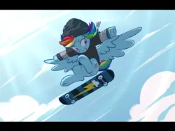 Size: 6000x4500 | Tagged: safe, artist:chub-wub, derpibooru import, rainbow dash, pegasus, pony, absurd resolution, beanie, bracelet, clothes, cloud, cute, dashabetes, dog tags, female, grin, hat, image, jpeg, mare, shirt, skateboard, skateboarding, sky, smiling, solo, spiked wristband, wristband