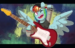 Size: 4832x3108 | Tagged: safe, artist:chub-wub, derpibooru import, rainbow dash, pegasus, pony, beanie, bracelet, clothes, cute, cute little fangs, dashabetes, fangs, female, guitar, hat, image, jpeg, mare, musical instrument, one eye closed, open mouth, raised hoof, shirt, solo, spiked wristband, wink, wristband