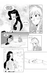 Size: 5079x7866 | Tagged: safe, artist:bidzinha, derpibooru import, applejack, rarity, blouse, blushing, bracelet, clothes, comic, couch, female, flannel shirt, freckles, geode of shielding, geode of super strength, image, jacket, jewelry, jpeg, lesbian, lotion, magical geodes, midriff, nail polish, rarijack, shipping, skirt, table