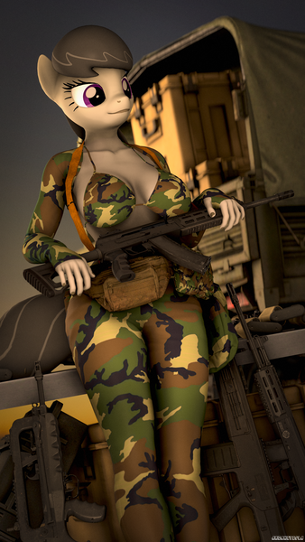 Size: 1440x2560 | Tagged: suggestive, artist:arcanetesla, derpibooru import, octavia melody, anthro, earth pony, 3d, ak-74, ak-74m, assault rifle, breasts, camouflage, car, commission, famas, female, gun, image, m4a1, png, rifle, smiling, solo, source filmmaker, weapon, ych result, your character here