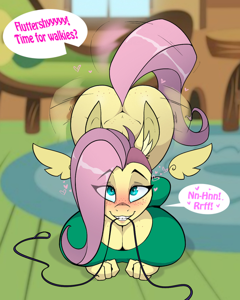 Size: 1088x1358 | Tagged: questionable, artist:lil miss jay, derpibooru import, fluttershy, anthro, pegasus, ass, ass up, behaving like a dog, big breasts, blushing, boob freckles, bottomless, breasts, busty fluttershy, butt, butt freckles, butt shake, chest freckles, cleavage, clothes, dialogue, eye clipping through hair, eyebrows, eyebrows visible through hair, face down ass up, female, floating heart, floating wings, flutterbutt, flutterpet, freckles, freckleshy, grin, heart, huge breasts, image, jpeg, leash, leash in mouth, looking at you, mouth hold, nudity, offscreen character, partial nudity, pet play, smiling, smiling at you, solo, solo female, tail wag, wings