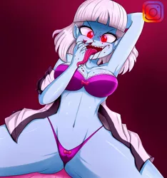 Size: 1080x1152 | Tagged: semi-grimdark, suggestive, artist:the-butch-x, derpibooru import, photo finish, vampire, equestria girls, arm behind head, armpits, belly button, blushing, breasts, busty photo finish, cleavage, clothes, female, image, jpeg, licking, looking at you, open mouth, panties, sexy, shirt, solo, solo female, strapless bra, tongue out, underwear