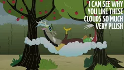 Size: 1280x720 | Tagged: safe, derpibooru import, edit, edited screencap, editor:quoterific, screencap, discord, draconequus, season 2, the return of harmony, image, jpeg, male, open mouth, solo, sunglasses, tree