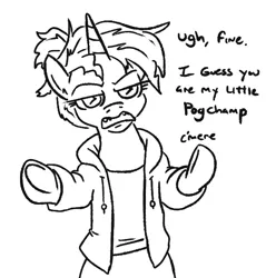 Size: 531x556 | Tagged: safe, artist:jargon scott, derpibooru import, oc, oc:okie dokey loki, pony, unicorn, black and white, bronybait, clothes, dialogue, female, filly, grayscale, hoodie, image, magical lesbian spawn, meme, monochrome, my little pogchamp, offspring, parent:oc:dyx, parent:oc:filly anon, parents:oc x oc, png, simple background, solo, talking to viewer, white background, wingding eyes