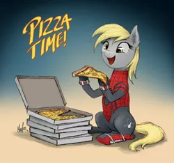 Size: 1920x1796 | Tagged: safe, artist:magfen, derpibooru import, derpy hooves, pegasus, pony, commission, cute, derpabetes, female, food, happy, image, jpeg, mare, open mouth, pineapple pizza, pizza, pizza box, pizza time, sitting, solo, spider-man, ych result
