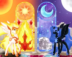 Size: 1440x1152 | Tagged: safe, artist:beadedwolf22, derpibooru import, daybreaker, nightmare moon, alicorn, pony, duo, duo female, female, frown, image, jpeg, looking at each other, mare, siblings, sisters, smiling, smirk, spread wings, stained glass, stained glass window, wings