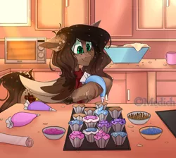 Size: 3532x3169 | Tagged: safe, artist:mediasmile666, derpibooru import, oc, unofficial characters only, pegasus, pony, baking, cupcake, eye clipping through hair, female, floppy ears, food, high res, hoof hold, image, kitchen, mare, pegasus oc, png, smiling, solo, two toned wings, wings