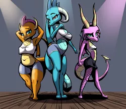 Size: 1280x1112 | Tagged: suggestive, artist:ahobobo, derpibooru import, princess ember, scales (character), smolder, anthro, dragon, arm behind head, breasts, busty princess ember, busty smolder, chubby, clothes, dragoness, female, image, jpeg, shorts, trio, trio female, wide hips