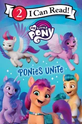 Size: 430x648 | Tagged: safe, derpibooru import, official, hitch trailblazer, izzy moonbow, pipp petals, sunny starscout, zipp storm, earth pony, pegasus, pony, unicorn, book cover, cover, g5, image, jpeg, mane five (g5), my little pony logo