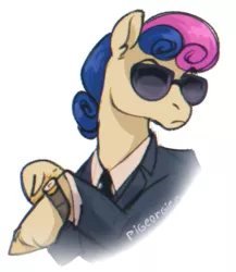 Size: 397x458 | Tagged: safe, artist:pigeorgien, derpibooru import, bon bon, sweetie drops, earth pony, pony, clothes, female, image, mare, png, secret agent sweetie drops, serious, serious face, solo, sunglasses, tuxedo, unshorn fetlocks, watch