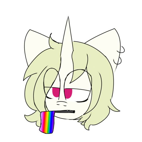 Size: 1000x1000 | Tagged: safe, artist:leola-kittycorn, derpibooru import, oc, oc:sardonic ardor, unicorn, bust, ear piercing, gay pride flag, horn, image, implied lesbian, mouth hold, piercing, png, ponysona, portrait, pride, pride flag, pride month, short mane, simple background, solo, tired, transparent background, unicorn oc