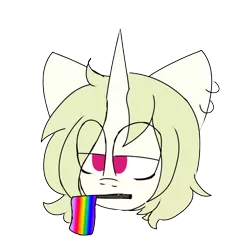 Size: 1000x1000 | Tagged: safe, artist:leola-kittycorn, derpibooru import, oc, oc:sardonic ardor, unicorn, bust, ear piercing, gay pride flag, horn, image, implied lesbian, mouth hold, piercing, png, ponysona, portrait, pride, pride flag, pride month, short mane, simple background, solo, tired, transparent background, unicorn oc