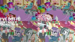 Size: 1280x720 | Tagged: safe, derpibooru import, edit, edited screencap, editor:quoterific, screencap, limestone pie, marble pie, maud pie, pinkie pie, earth pony, pony, best gift ever, candy, candy cane, decoration, female, food, garland, hearth's warming, image, jpeg, mare, open mouth, pie sisters, present, rock, siblings, sisters, sugarcube corner